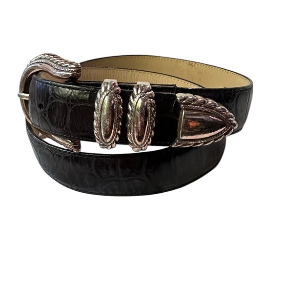 Vintage BRIGHTON Black Genuine Leather Croc Pattern Belt Unisex M - Picture 2 of 8